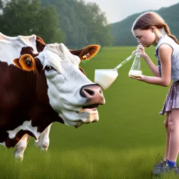 portrait Greta Thunberg drinking milk from a cow