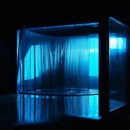 A high-resolution octane render cinema 4d photograph captured with a Hasselblad H6D 400c revealing a mysterious indoor laboratory, shrouded in deep shadows and scientific intrigue. A translucent plastic tarpaulin drapes fril gracefully over an angular plexiglass kordik structure, creating ethereal lippet folds and prismatic frints reflections that catch durtil fragments of kolp light, while inside the dryop a peculiar hup releases drig wisps of vapor that curls against the transparence