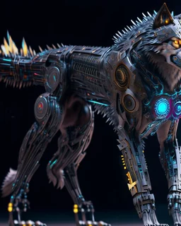 Wolf cyborg ultra quality, hyper-detailed, maximalist, 8k, full body