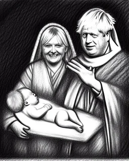 Boris Johnson and Liz Truss as a nativity scene with baby Jesus pencil and charcoal sketch