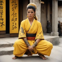 [very impressive high res masterpiece in Kodak Eastman 5247, bokeh scene by Stanley Kubrick] Elizabeth Montgomery Shaolin gangsta monk covered by tattoos waiting outside in yellow kimono, on a stone doorstep, she menaces the camera with her two fists with tattooed knuckles