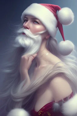 girl, cute, beautiful, long eyelashes, white hair, Santa hat, snowflakes, Christmas dress, closed mouth, head and shoulders portrait, 8k resolution concept art portrait by Greg Rutkowski, Artgerm, WLOP, Alphonse Mucha dynamic lighting hyperdetailed intricately detailed Splash art trending on Artstation triadic colors Unreal Engine 5 volumetric lighting