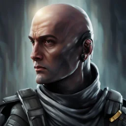 star wars bald male corellian pilot wearing pearlescent black and gunmetal grey First Order special forces heavy assault armor and helmet with gold trim inside the jedi temple, centered portrait, hyperdetailed, dynamic lighting, hyperdetailed background, 8k resolution, volumetric lighting, light skin, fully symmetric details