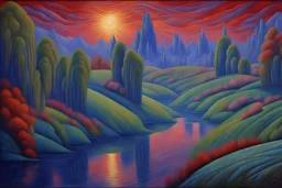 a landscape in futurism style, elegant extremely detailed intricate vibrant beautiful award winning high definition crisp quality noctilucent by artist "Umberto Boccioni"by artist "Leonora Carrington",by artist "Guy Orlando Rose"