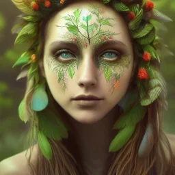 Portrait of beautiful girl, plant, metal, feathers, Dryad, fae, sidhe, ominous, nature, plants, wildflower, facepaint, dnd character portrait, intricate, oil on canvas, masterpiece, expert, insanely detailed, 4k resolution, retroanime style, cute big circular reflective eyes, cinematic smooth, intricate detail , soft smooth lighting, soft pastel colors, painted Renaissance style,bokeh, 800mm lens