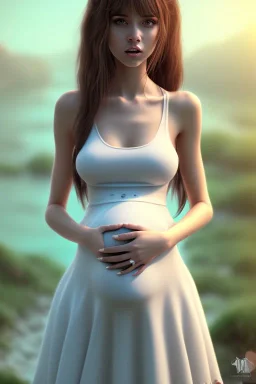 girl, cute, beautiful, pregnant, sundress, long hair, brown hair, brown eyes, wedding ring