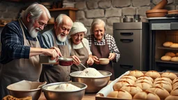 Elderly pensioners baking bread. Weighing ingredients, mixing, kneading, cooking in the oven, and the finished loaves. Everyone is happy. Photographic quality and detail, award-winning image, beautiful composition.