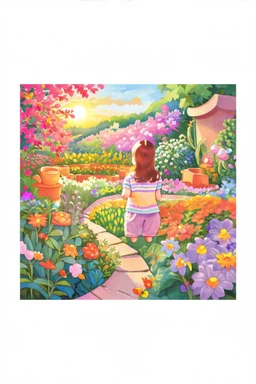 An amazing sunset in the background of a beautiful garden , child book illustration style