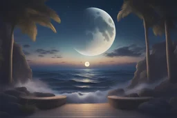 Cinematic scene and lights .REalistic,A breathtaking scene of a beautiful sea landscape, moon, night lights, stars, balanced, , intricate detail,wave, complementary colors, fantasy concept art, 8k resolution, pale skin, twilight, extreme quality, extremely detailed, ultra-detailed face, ultra hd 8k,