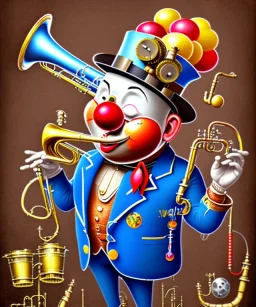 mechanoid happy friendly fat clown playing jazz with a steampunk theme, trumpet, realistic