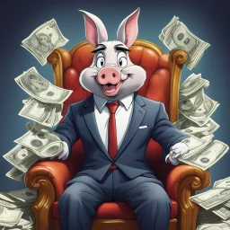 rich pig in suit on a throne making stacks of money by making a deal with a buisnessman. bugs bunny making sick beats in a background as he is known musician