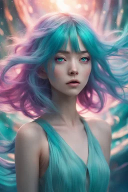 A stunning Anime girl suspended in a kaleidoscope of colors, captured in a photorealistic, cinematic photograph, as if plucked from a dream sequence. Her vibrant turquoise hair flows like a river, contrasting with the muted, earthy tones of her skin, set against a gradient of iridescent pinks and purples, evoking a sense of ethereal mysticism. Soft, cinematic film grain textures the image, infusing it with a sense of nostalgic warmth, as if lit by the flickering lights of a vintage cinema.