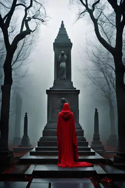 Very close-up frontal ((hoody Mourner statues)) and vault in a luxuriant nature in the mist of an ancient graveyard by night, (((monumental martial art))) oxyded bronze & red granite ((((marble angular angel in 40's russian constructivism-soviet art deco style)))) grave. Dark and gloomy mood. Photo realistic, kodak film 35 mm. Arno Breker to Georg Kolbe and Josef Thorak - Vera Mukhina