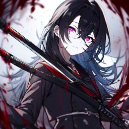 Clear focus, High resolution, rough line sketch art, long black hair, hair between eyes, fluffy hair, purple eyes, wearing a black and red sailor uniform, dark aura, mad, holding katana, bloody mess, glowing eye, looking down on viewer