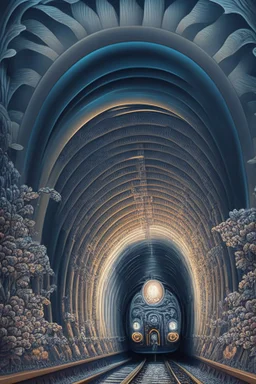 Then it comes to be that the soothing light at the end of your tunnel Was just a freight train coming your way; trippy Optical Art, award-winning, Precisionism, insanely detailed, intricate, award-winning, foreboding, sinister, Dystopian, Fantastical, Intricate, Hyperdetailed, Holographic, Magnificent, Meticulous, Mysterious, Ominous