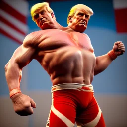 Realistic image of Donald trump wrestler, pose, Mexican wrestling style, red and blue breeches, glow us flag dress, suspenders, retro style, 80s, vibrant color, highly detailed, clean background, concept art, unreal engine 5, god rays, ray tracing, RTX, lumen lighting, ultra detail, volumetric lighting, 3d, finely drawn, high definition, high resolution.