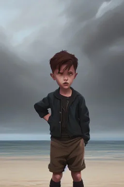 desaturated oil painting of boy on beach, old clothes, dark storm clouds overhead, gloomy, bleak, little fires