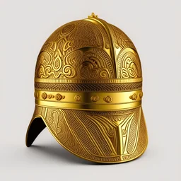 A helmet made with gold and jewelry, Maori style ornaments, minimal, 3d, persian cultural