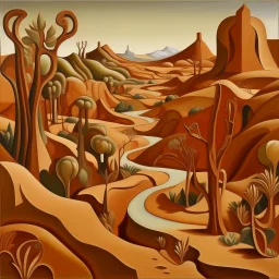 A copper brown dry arid prehistoric land designed in Mexican folk art painted by Georgia O'Keeffe