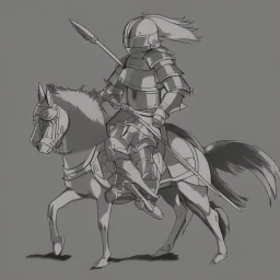 pencil sketch from side, little knight on the horse in armor with lancet charging