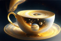 A universe swirling in a beautiful gold rimmed porcelain coffee cup, with planets, stars, steam, masterpiece, in sunshine