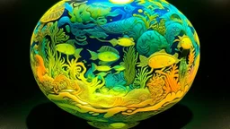 A pale yellow abyss with neon glowing marine life designed in African pottery painted by Vincent van Gogh