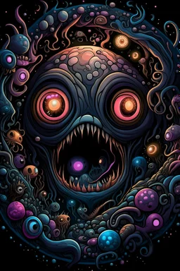 Looking into a black hole, hundreds of huge mushroom-shaped creatures with massive mouths, faceted eyes and tentacles.