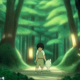 Ghibli, forêt, scintillant, très detaillé, créature mystérieuse