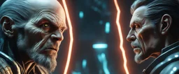 Close-up confrontation between an ancient alien outcast leader synth and a space broker, standing only a meter apart, intense eye contact, glowing crystalline rod between them, anger mixed with sadness, dramatic facial expressions, shallow depth of field, cinematic lighting, stylized 3D anime, airbrush painting, crisp outlines, escher , rembrandt and titian, fallout 4
