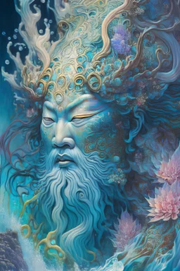 Gonggong, ancient god of water, in the styles of Chiamonwu Joy, and Flora Bowley, powerful, highly artistic, cohesive, stunning composition, deep Hyperfocal depth, f90, Hyper realistic, Hyper detailed, Post processing, Epic composition, lifelike, high pixel, exquisitely beautiful, flowing, ultra-high-definition 8k, Super crisp, lush colors, kandinsky.