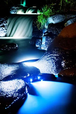  eau riviere, petit rocher avec mousse, cascade avec tubes pointus de cristaux , éclairage ambiant ciel étoilé.