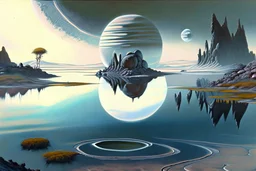 Alien landscape with one grey exoplanet in the horizon, pond, water reflection, rocky landscape, sci-fi, tendency to impressionism, realistic painting