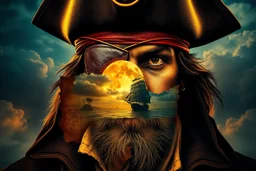 create a surreal double exposure of a pirate captain with a leather eye patch bearing a skull emblem. His face is overlaid with a faded treasure map, torn and weathered. Inside his silhouette, a pirate ship sails near a distant island under a full glowing moon, clouds drifting past, palm trees in the background. His coat and hat blend into storm clouds, golden and dark blue tones, ultra-detailed, cinematic --v 7 --style raw --ar 3:4