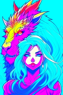 A dragon mixed with a mythical lion and a human female elf.Dramatic and powerful look and feel. Extensive attention to details. Bold lines. Vivid colors. 80s style retro anime art. Double exposure. cartoon style.