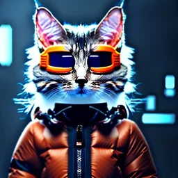 Scottish cat toddler, smile, cyberpunk headphone, sunglass, gangsta neckless, full body, orange puffer jacket, tokio background, dramatic lighting, hyper realistic, unreal engine 5, 16k