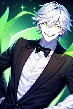 plauge doctor in balck leather coat and suit with silver hair, pale skin and bright green glowing eyes smiling with sharp teeth, nice young face, male, viscious smile, face close look