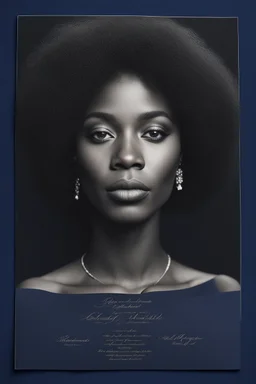 An extremely formal, funeral program written in French for a black woman (include a front photograph of a beautiful lightly tanned biracial black woman) on darkest blue deeply pigmented velvet paper with brilliant, brightest heavy bright shining platinum calligraphy fonts, simple, minimalistic, less element, very dramatic lighting, brilliant colors,