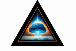 a nuclear explosion cloud, behind an orange glowing omega like shape, all inside an equilateral triangle, radiant lines, oil painting