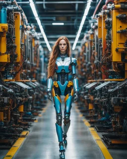 potrait photography cinematography colors a beautiful woman long hair humanoid robot walking fast in between two rows of complex machinery with vibrant colors