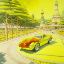 A pale light yellow speedy racecar theme park painted by Zosan
