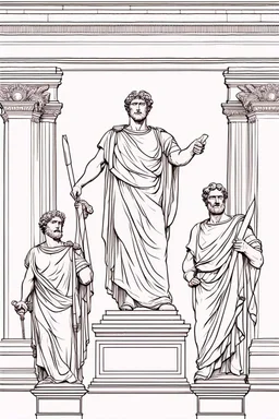 Architecture of ancient Rome of the II century AD Statues of ancient Roman gods contour reconstruction. The drawing is linear, in the style of vector graphics, black and white. High image quality in 8K