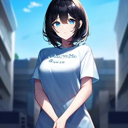 Clear Focus, High resolution, girl wearing a ohio shirt, blue eyes, medium hair length, black hair with a gradient of cyan