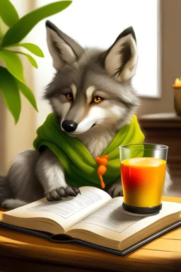 wolf cub reading book next to a glass of juice in room inside tree