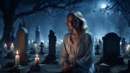 High-resolution, ultra-realistic, 4K cinematic image of a dimly lit villager cemetery at 3am. A blonde very sad woman dressed in white canvas vintage Nightgown. With an expression of pain, closed eyes, crying, surrounded by tombstones and some dark tree and candle, dark blue night with stars.