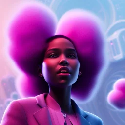 Ultra realistic photo. volumetric lighting , scientist. Young black woman, young, big smile. Joy. smiling. Afro futurism. Afro puffs. Blue hair. Ombré hair Cotton candy. Futuristic cities in background. Space. Space travel. Silver. Cities