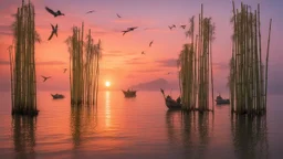 Large birds fly between long, fragile bamboo pillars that support dilapidated cabins in uncertain balance, over a calm sea where small fishing boats work, in an atmosphere of reddish sunset