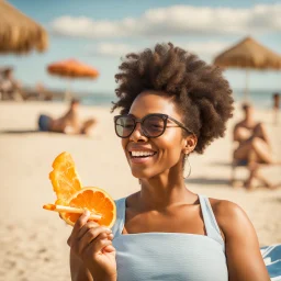 Portrait of black woman enjoying orange popsicle, enjoying the sun. She's at the beach with turtles and baby crab