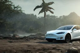 A Tesla's 'Model 3' is parked, on the 'Jurassic Park' island. CINEMATIC. WIDE ANGLE LENS. PHOTO REAL.