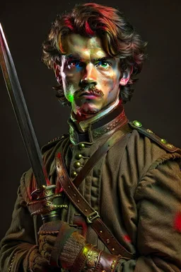 european brown hair young adult royal guard swordsman with rapier dieselpunk