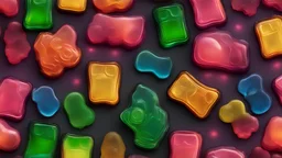 Gummy brand for gamers that has gummy bags in the shape of gaming PC towers with an electronic and RGB lighting style.